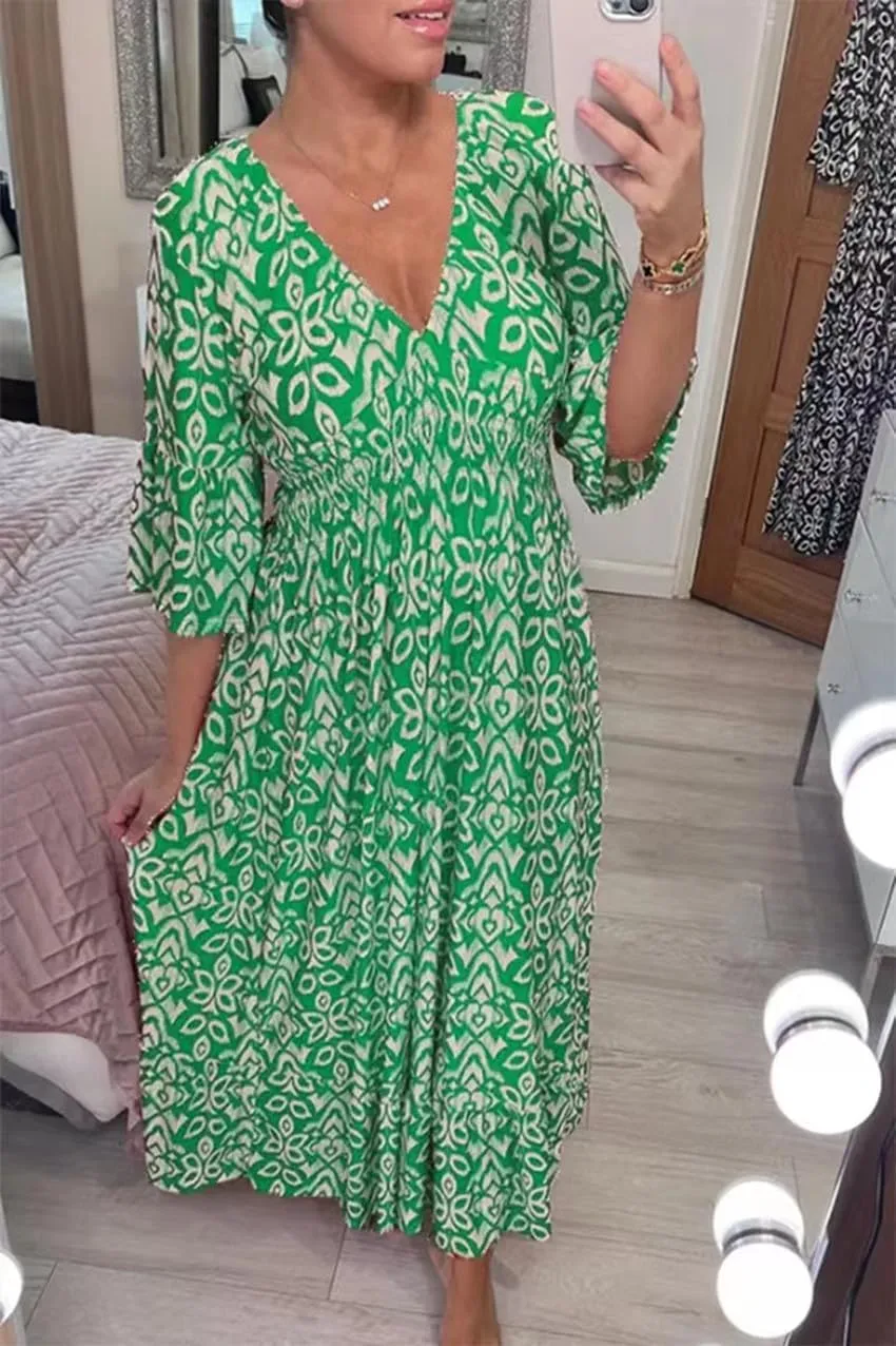 Apvirdy Summer Dresses for Women 2024 Casual V Neck Floral Bohemian Wrap 3/4 Sleeve Midi Boho Dress
