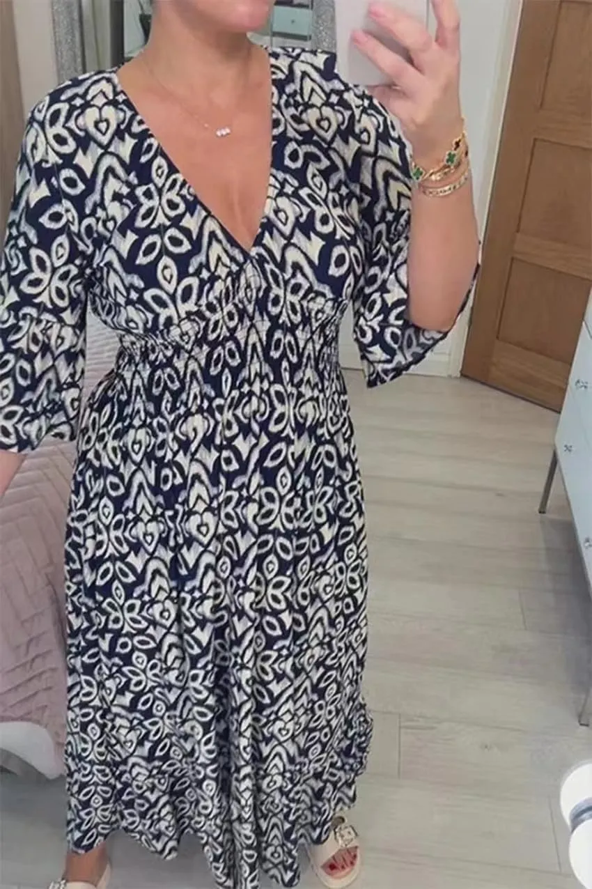 Apvirdy Summer Dresses for Women 2024 Casual V Neck Floral Bohemian Wrap 3/4 Sleeve Midi Boho Dress