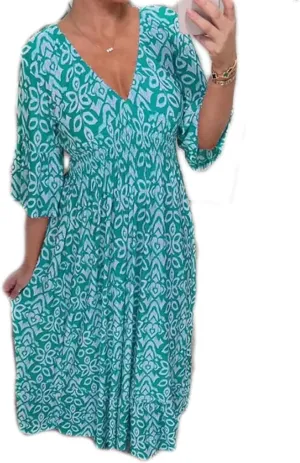 Apvirdy Summer Dresses for Women 2024 Casual V Neck Floral Bohemian Wrap 3/4 Sleeve Midi Boho Dress