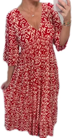Apvirdy Summer Dresses for Women 2024 Casual V Neck Floral Bohemian Wrap 3/4 Sleeve Midi Boho Dress