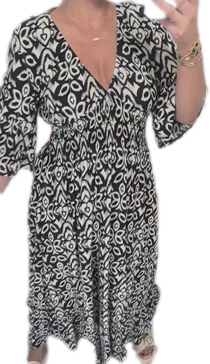 Apvirdy Summer Dresses for Women 2024 Casual V Neck Floral Bohemian Wrap 3/4 Sleeve Midi Boho Dress