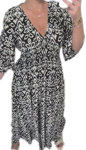 Apvirdy Summer Dresses for Women 2024 Casual V Neck Floral Bohemian Wrap 3/4 Sleeve Midi Boho Dress