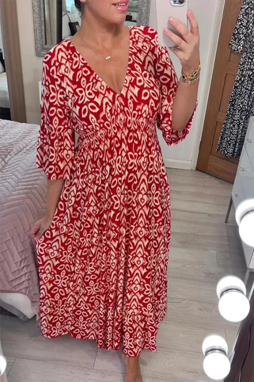 Apvirdy Summer Dresses for Women 2024 Casual V Neck Floral Bohemian Wrap 3/4 Sleeve Midi Boho Dress