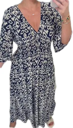 Apvirdy Summer Dresses for Women 2024 Casual V Neck Floral Bohemian Wrap 3/4 Sleeve Midi Boho Dress