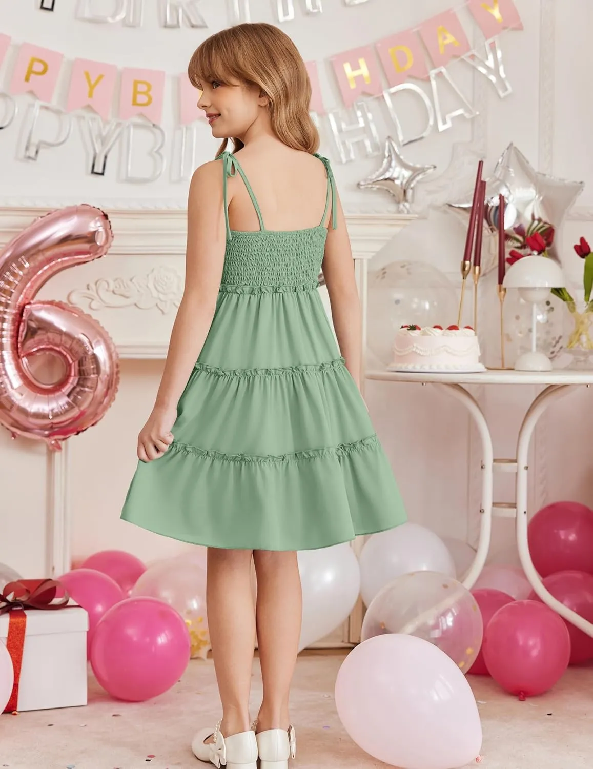 Arshiner Girls' Summer Sundress Boho Spaghetti Strap Ruffled Tiered Dresses Casual Midi Cami Dress