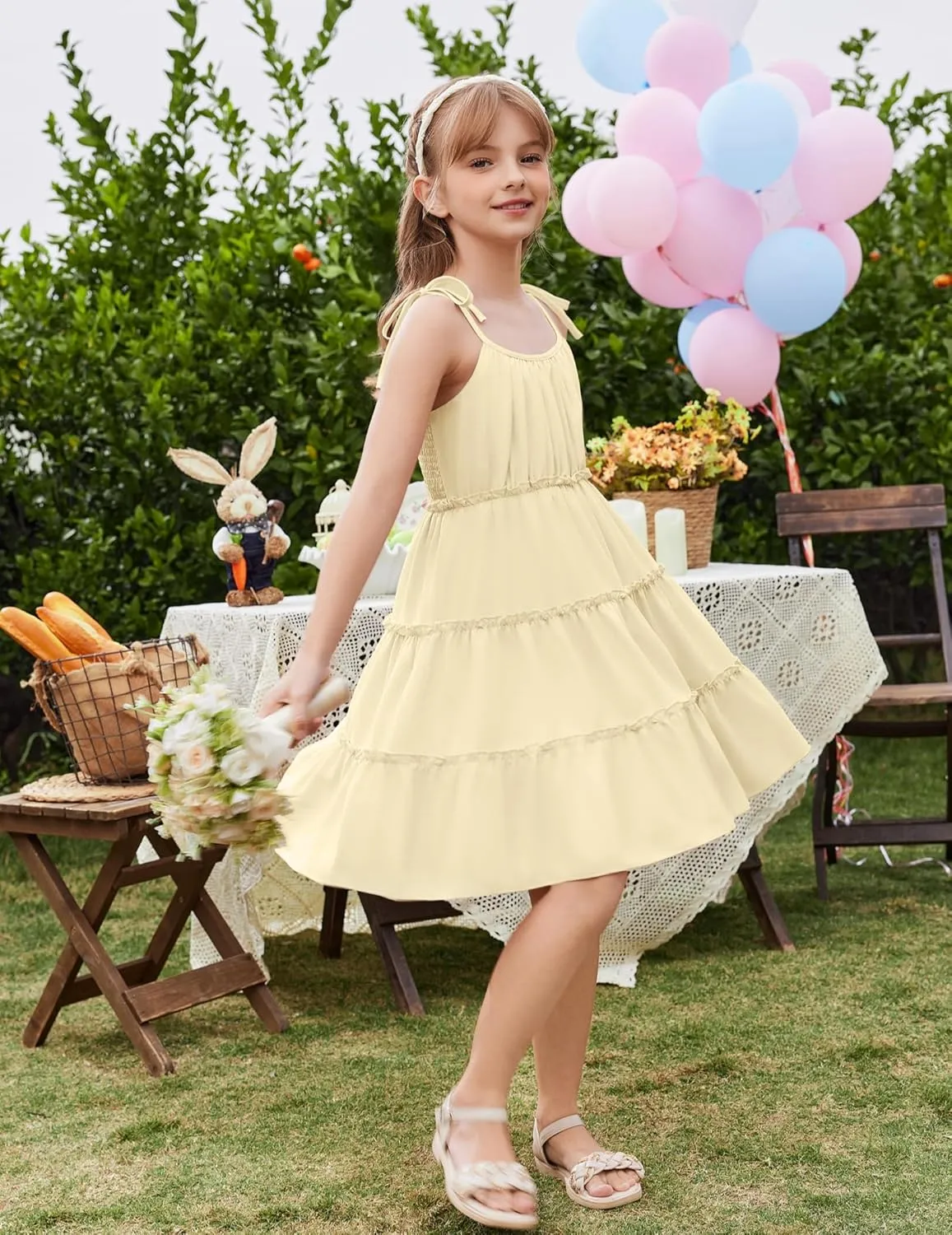 Arshiner Girls' Summer Sundress Boho Spaghetti Strap Ruffled Tiered Dresses Casual Midi Cami Dress
