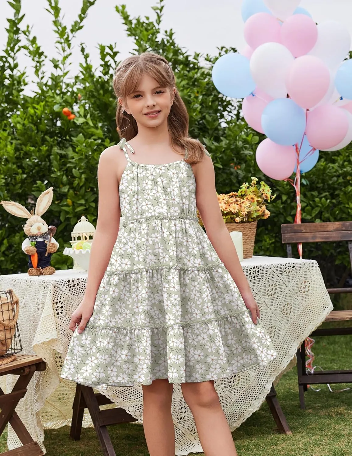 Arshiner Girls' Summer Sundress Boho Spaghetti Strap Ruffled Tiered Dresses Casual Midi Cami Dress