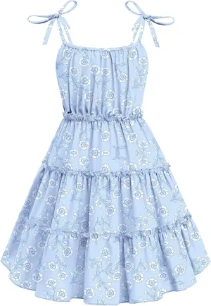 Arshiner Girls' Summer Sundress Boho Spaghetti Strap Ruffled Tiered Dresses Casual Midi Cami Dress