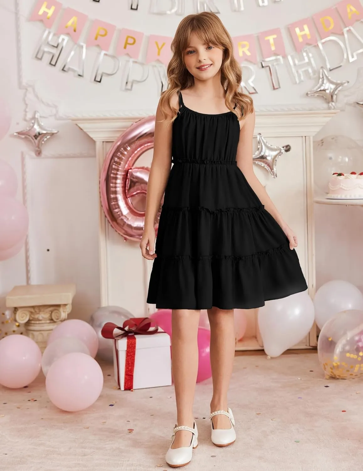 Arshiner Girls' Summer Sundress Boho Spaghetti Strap Ruffled Tiered Dresses Casual Midi Cami Dress