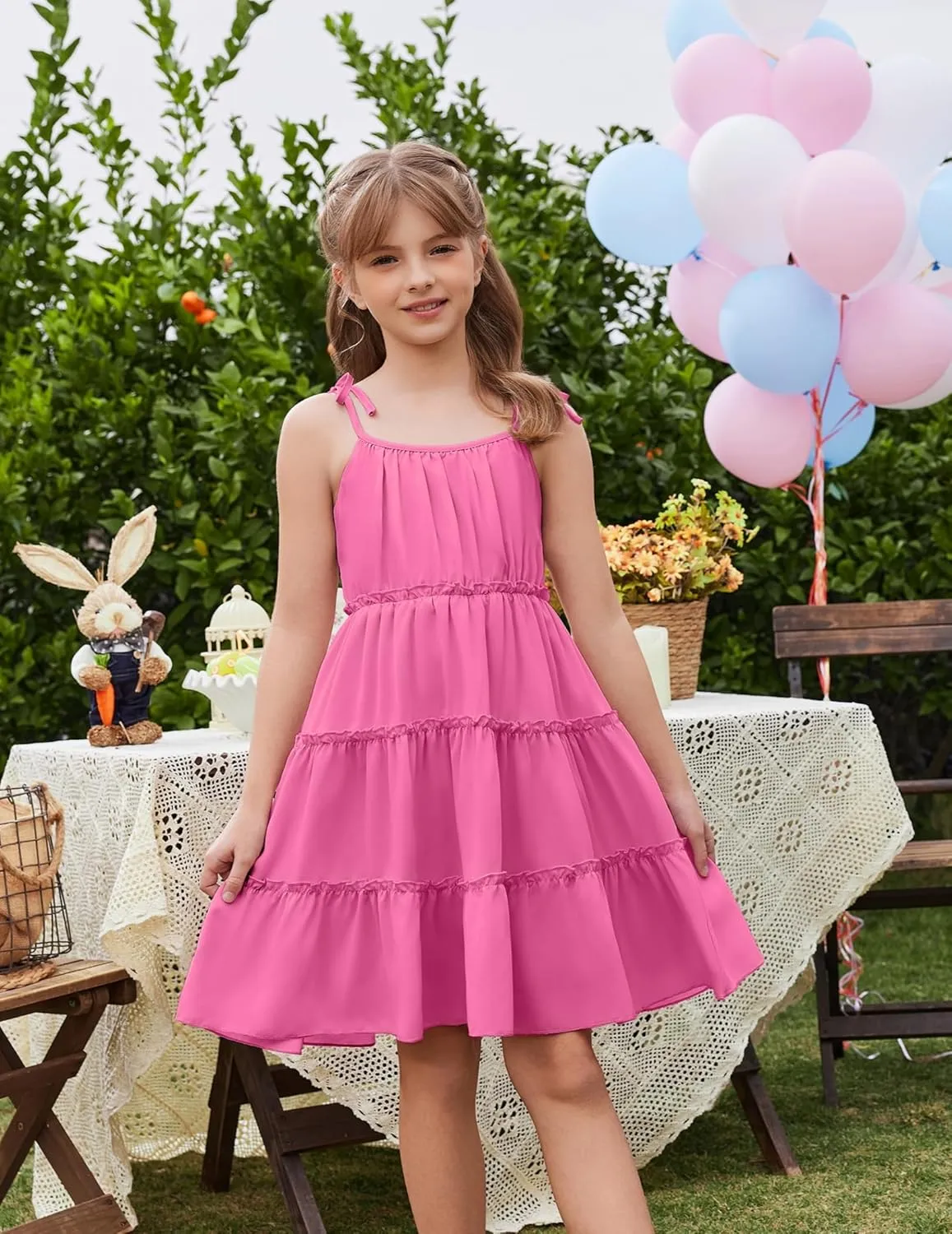 Arshiner Girls' Summer Sundress Boho Spaghetti Strap Ruffled Tiered Dresses Casual Midi Cami Dress