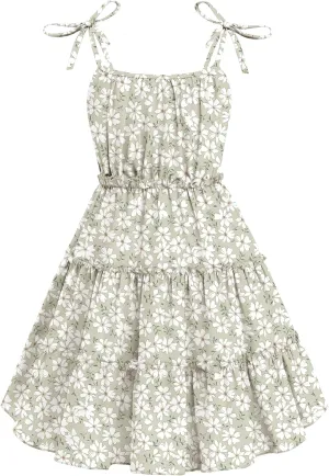 Arshiner Girls' Summer Sundress Boho Spaghetti Strap Ruffled Tiered Dresses Casual Midi Cami Dress
