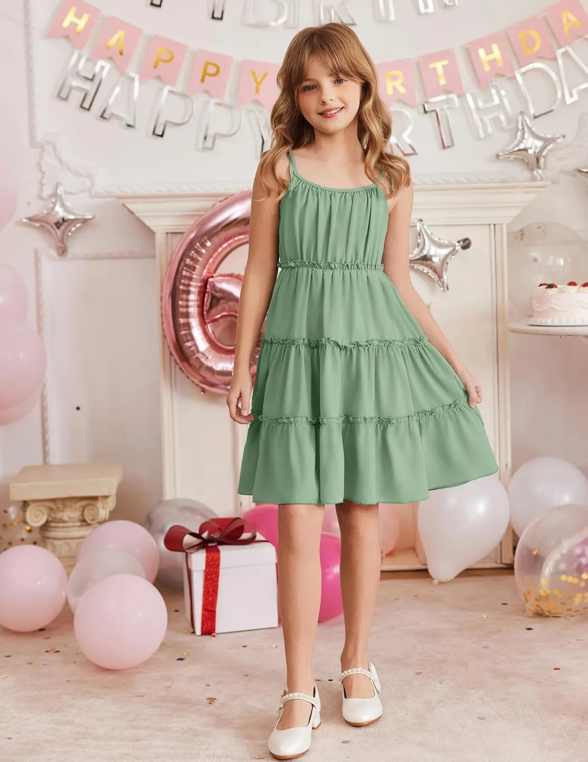 Arshiner Girls' Summer Sundress Boho Spaghetti Strap Ruffled Tiered Dresses Casual Midi Cami Dress