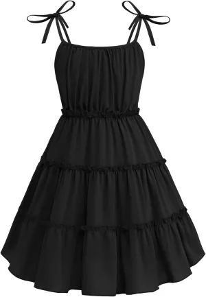 Arshiner Girls' Summer Sundress Boho Spaghetti Strap Ruffled Tiered Dresses Casual Midi Cami Dress