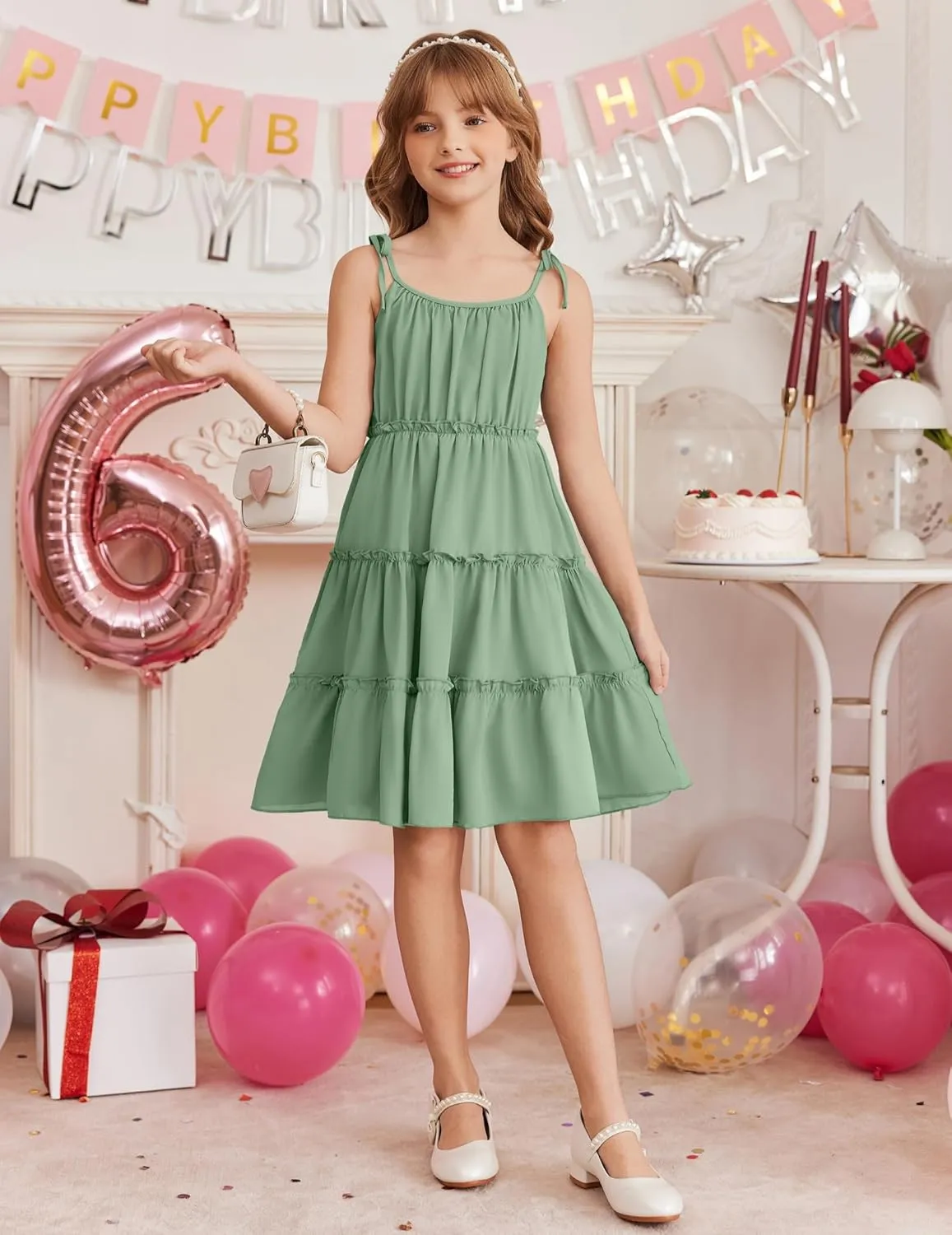 Arshiner Girls' Summer Sundress Boho Spaghetti Strap Ruffled Tiered Dresses Casual Midi Cami Dress