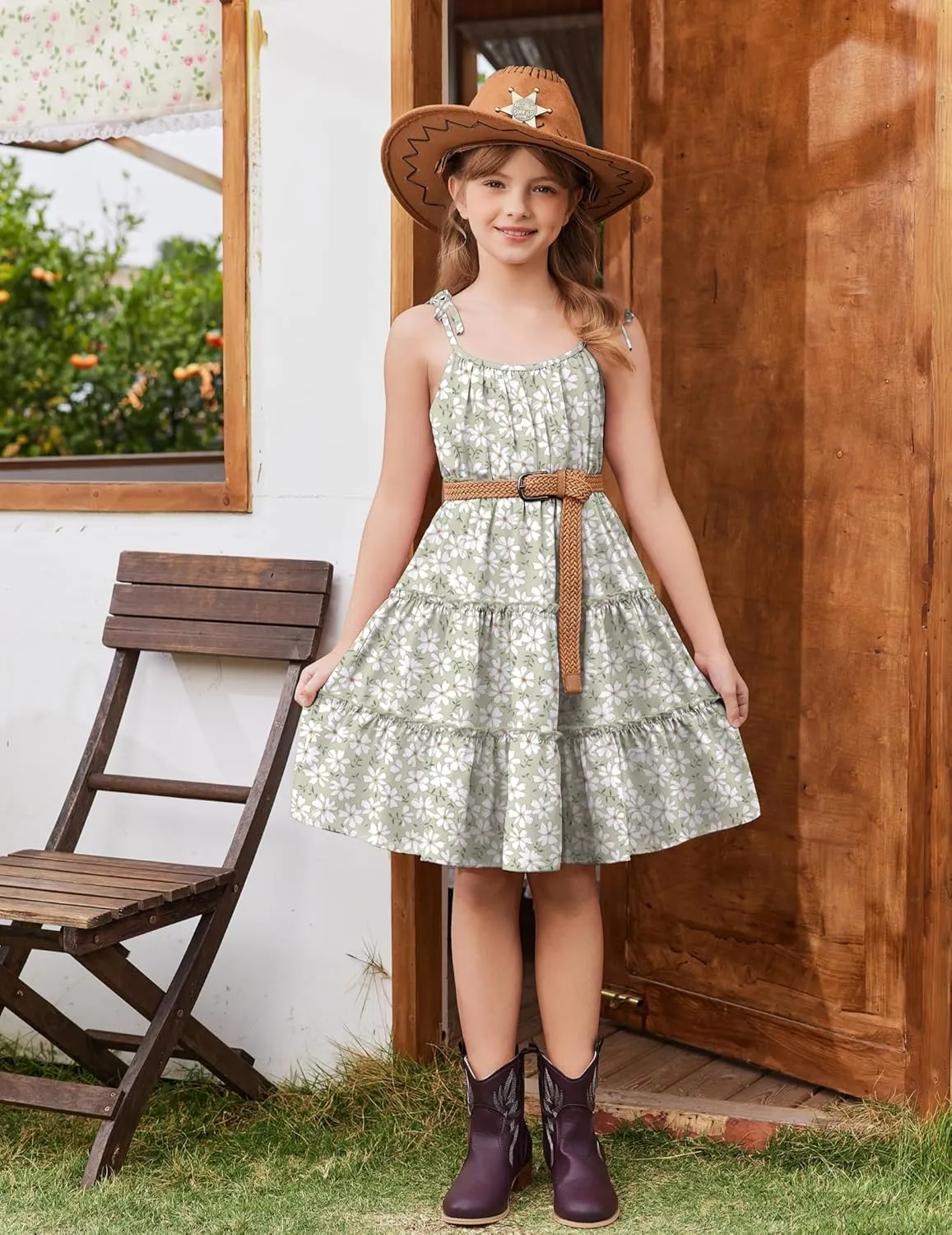 Arshiner Girls' Summer Sundress Boho Spaghetti Strap Ruffled Tiered Dresses Casual Midi Cami Dress