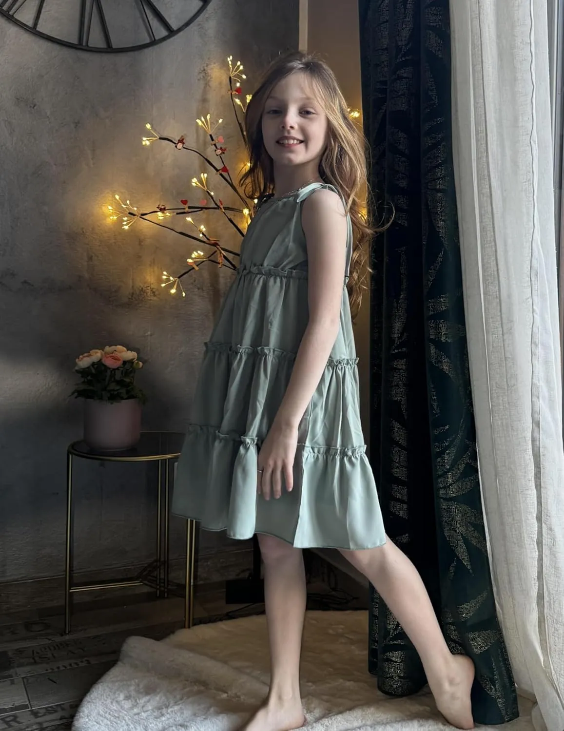 Arshiner Girls' Summer Sundress Boho Spaghetti Strap Ruffled Tiered Dresses Casual Midi Cami Dress