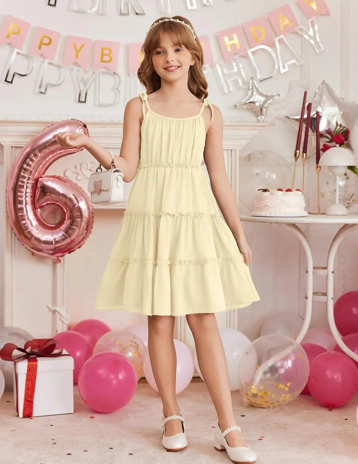 Arshiner Girls' Summer Sundress Boho Spaghetti Strap Ruffled Tiered Dresses Casual Midi Cami Dress