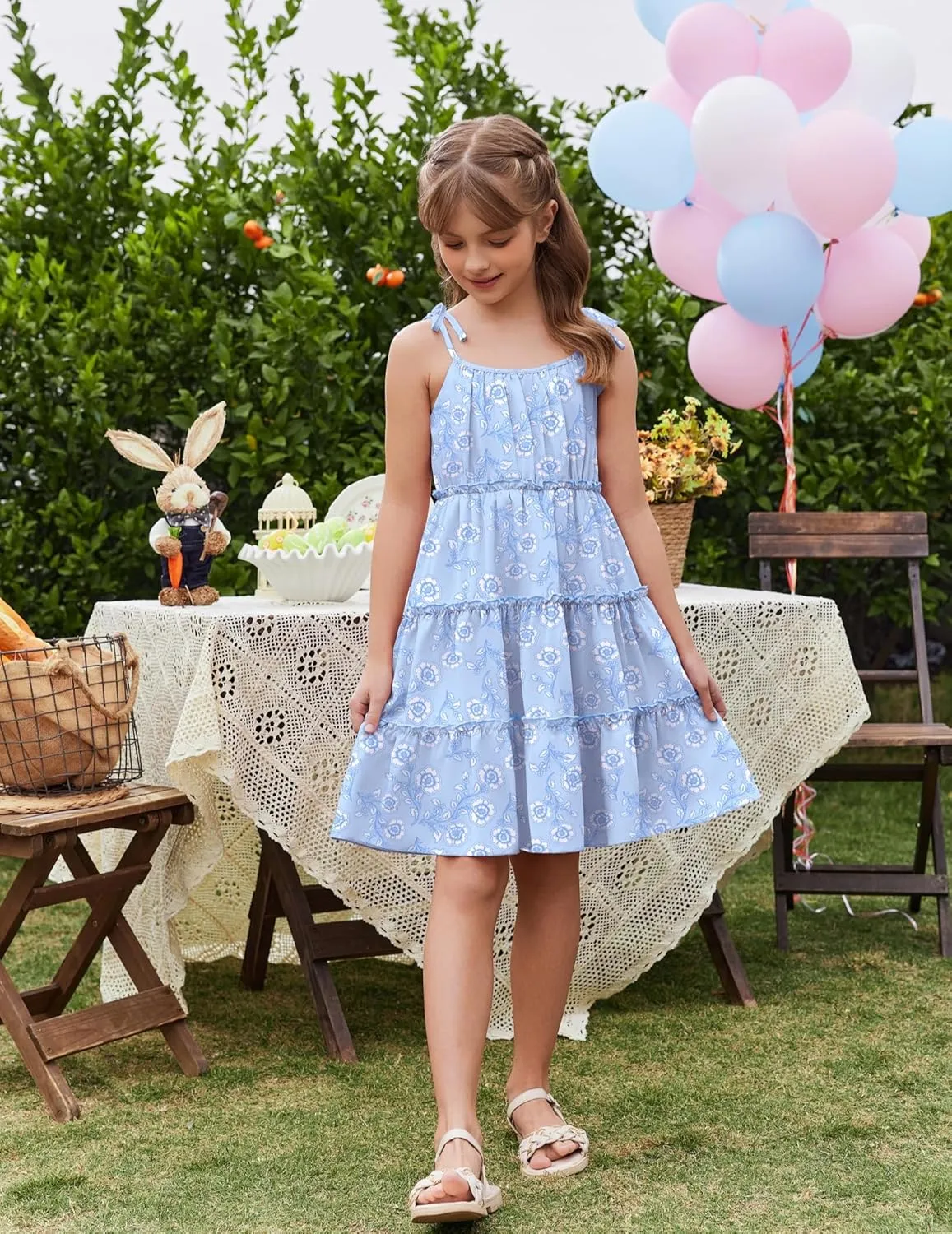 Arshiner Girls' Summer Sundress Boho Spaghetti Strap Ruffled Tiered Dresses Casual Midi Cami Dress