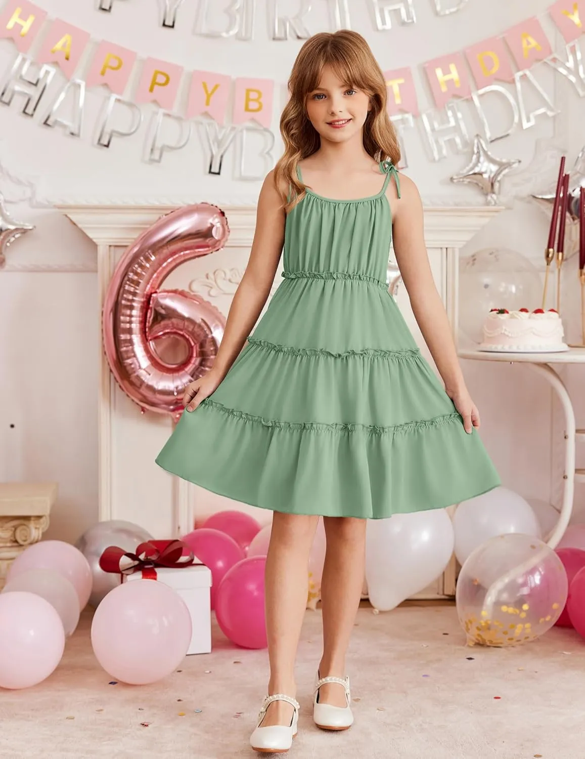Arshiner Girls' Summer Sundress Boho Spaghetti Strap Ruffled Tiered Dresses Casual Midi Cami Dress