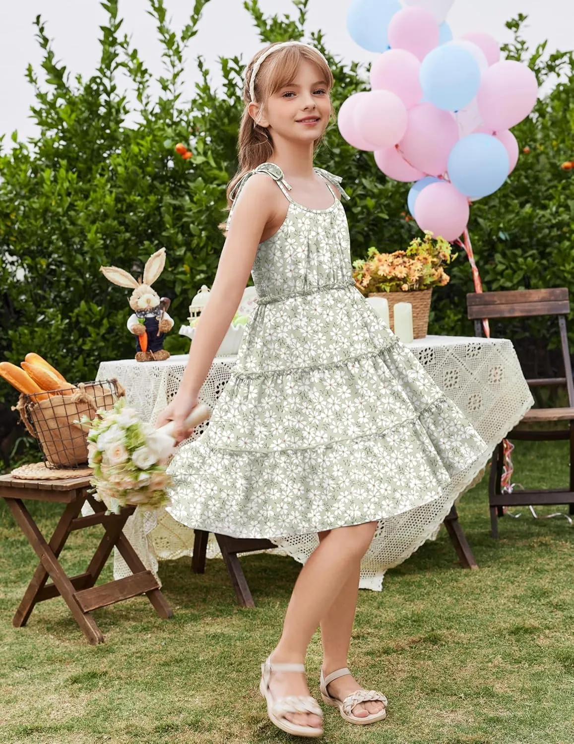 Arshiner Girls' Summer Sundress Boho Spaghetti Strap Ruffled Tiered Dresses Casual Midi Cami Dress
