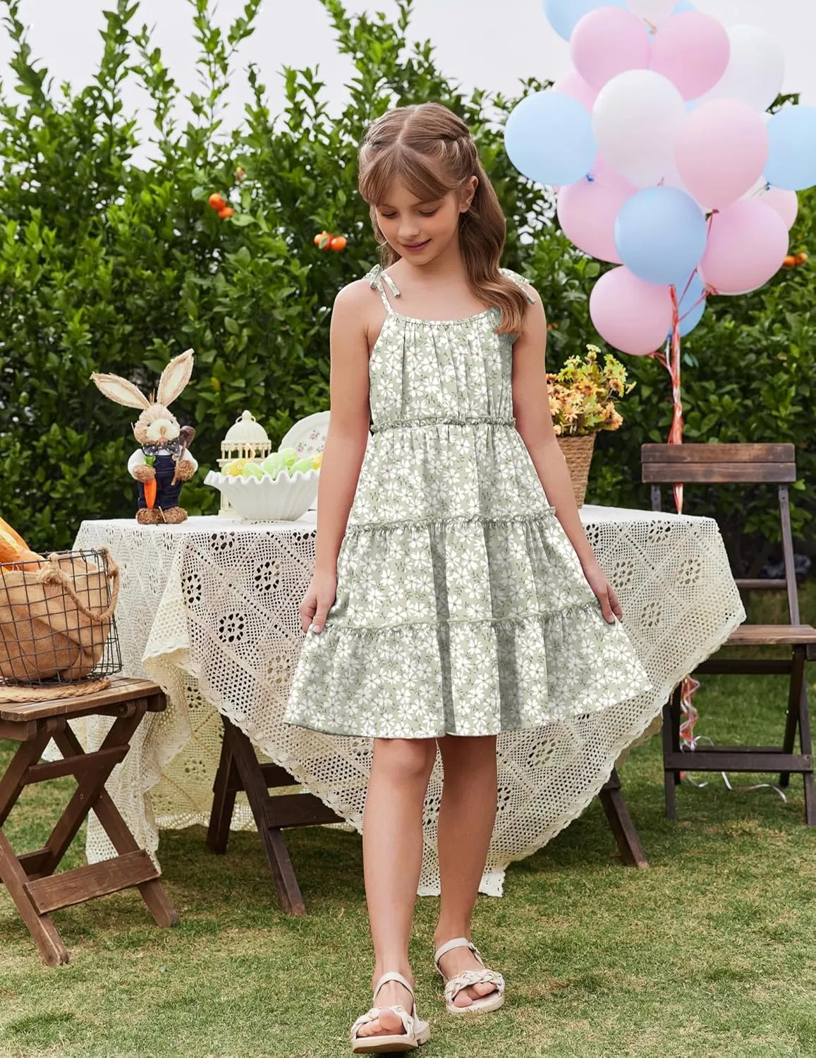 Arshiner Girls' Summer Sundress Boho Spaghetti Strap Ruffled Tiered Dresses Casual Midi Cami Dress