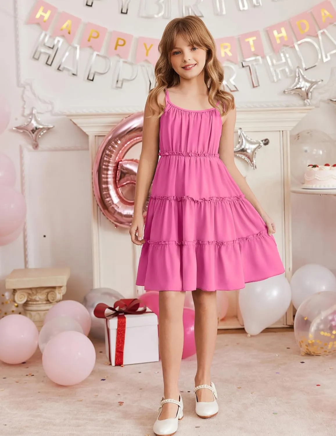 Arshiner Girls' Summer Sundress Boho Spaghetti Strap Ruffled Tiered Dresses Casual Midi Cami Dress