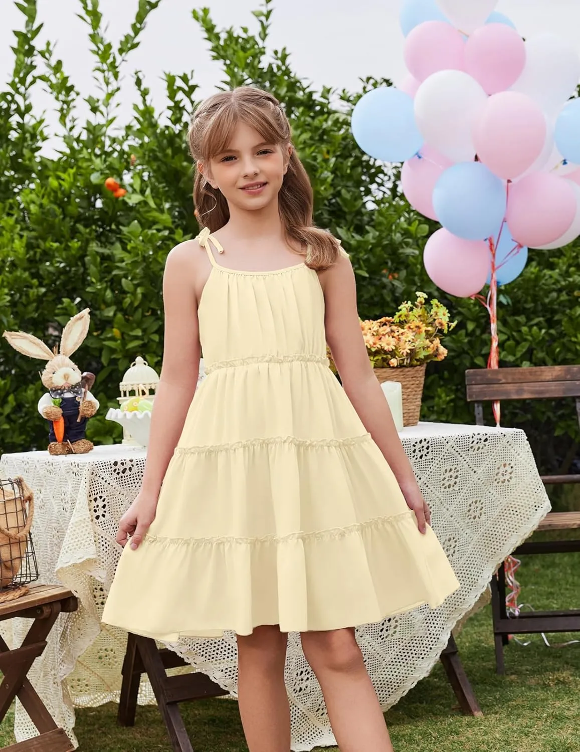 Arshiner Girls' Summer Sundress Boho Spaghetti Strap Ruffled Tiered Dresses Casual Midi Cami Dress