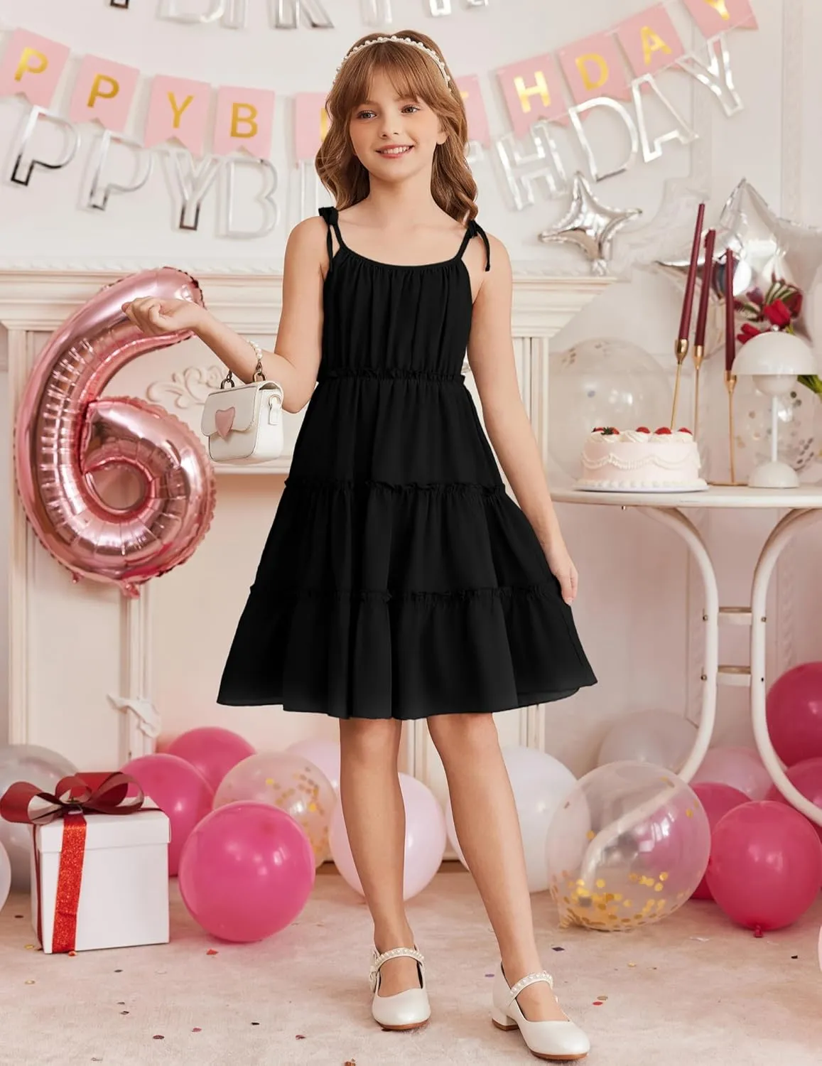 Arshiner Girls' Summer Sundress Boho Spaghetti Strap Ruffled Tiered Dresses Casual Midi Cami Dress