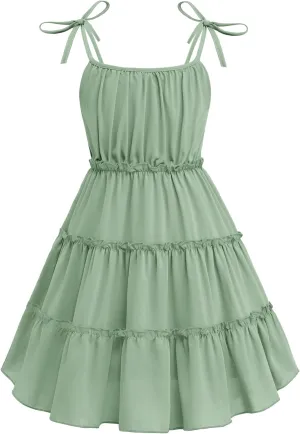 Arshiner Girls' Summer Sundress Boho Spaghetti Strap Ruffled Tiered Dresses Casual Midi Cami Dress