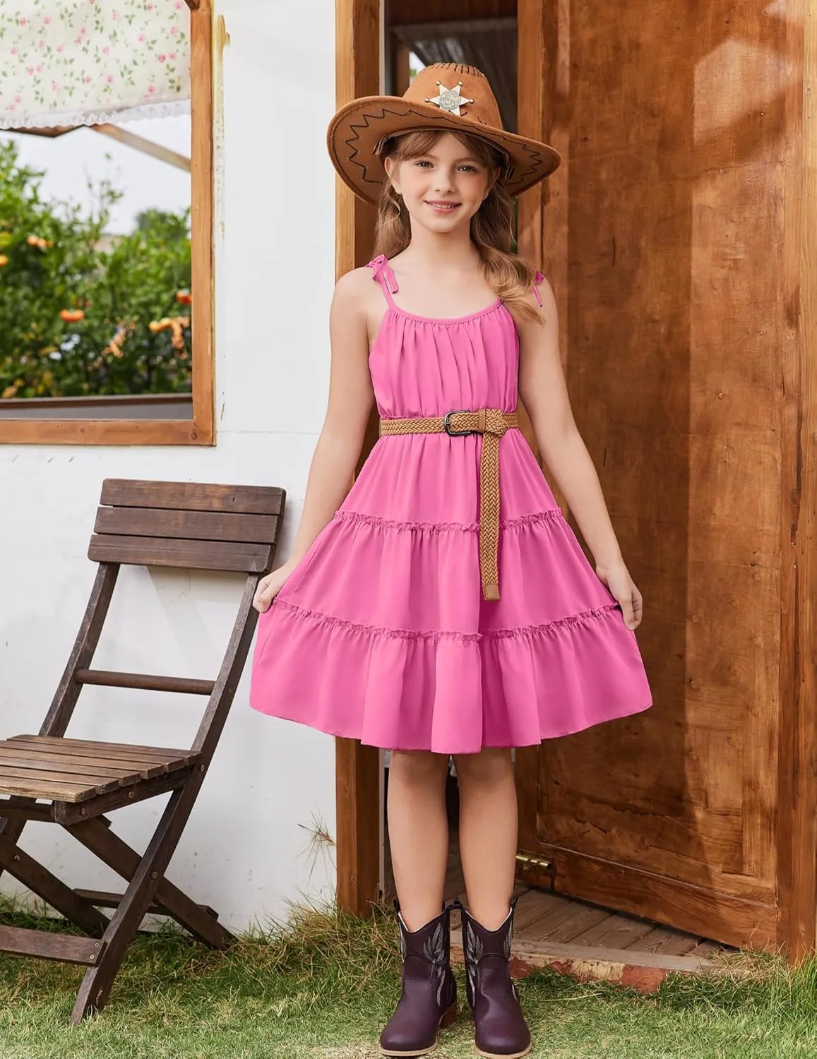 Arshiner Girls' Summer Sundress Boho Spaghetti Strap Ruffled Tiered Dresses Casual Midi Cami Dress