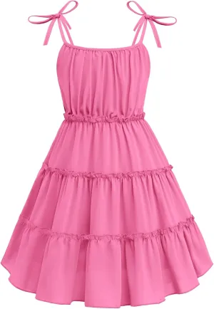 Arshiner Girls' Summer Sundress Boho Spaghetti Strap Ruffled Tiered Dresses Casual Midi Cami Dress