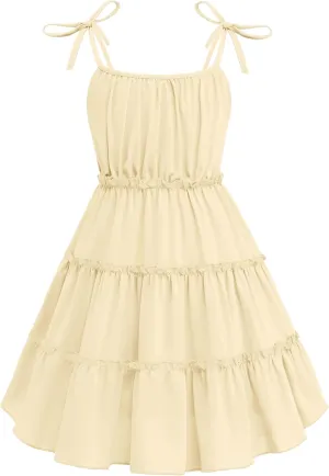 Arshiner Girls' Summer Sundress Boho Spaghetti Strap Ruffled Tiered Dresses Casual Midi Cami Dress