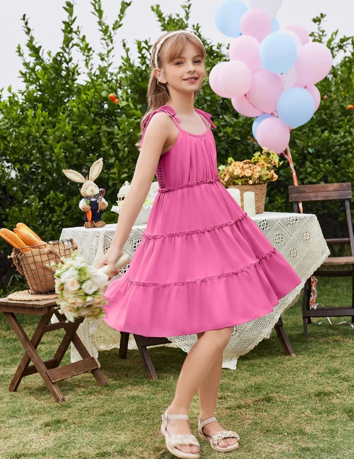 Arshiner Girls' Summer Sundress Boho Spaghetti Strap Ruffled Tiered Dresses Casual Midi Cami Dress