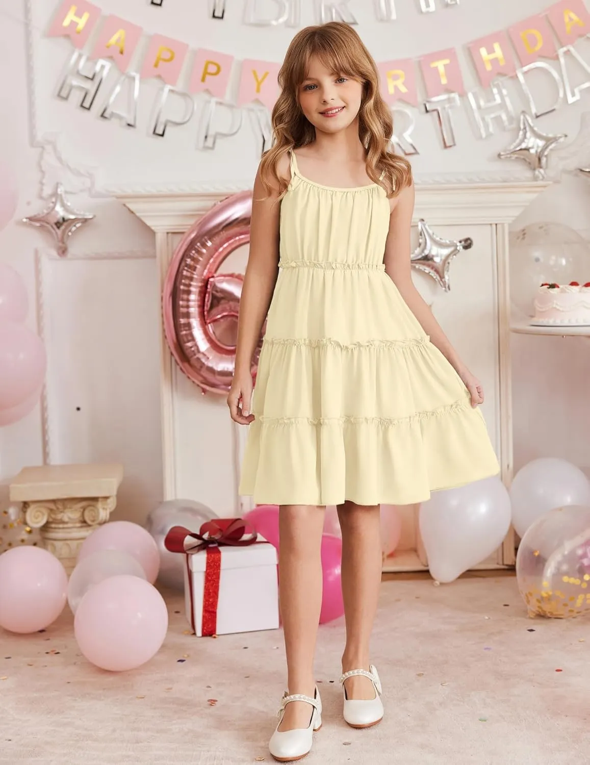 Arshiner Girls' Summer Sundress Boho Spaghetti Strap Ruffled Tiered Dresses Casual Midi Cami Dress