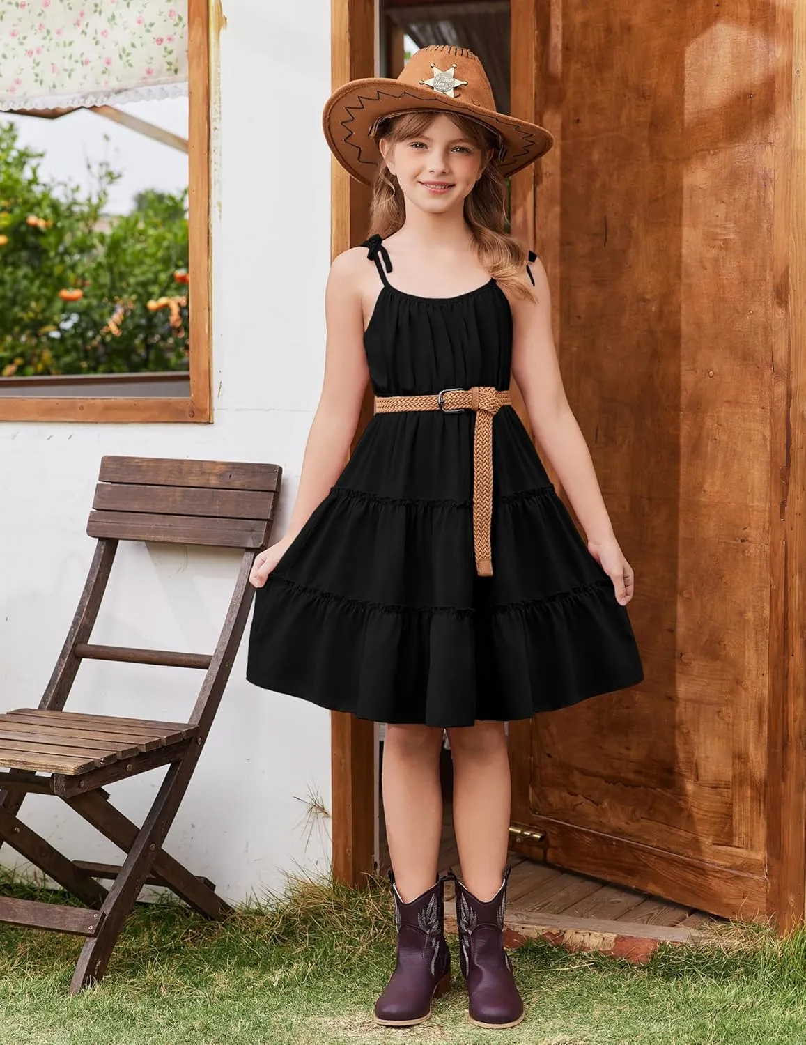 Arshiner Girls' Summer Sundress Boho Spaghetti Strap Ruffled Tiered Dresses Casual Midi Cami Dress