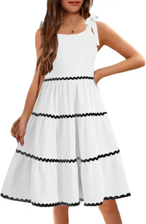 Arshiner Girl's Sundresses Summer Boho Tie Shoulder Cami Midi Tiered Dresses with Pockets