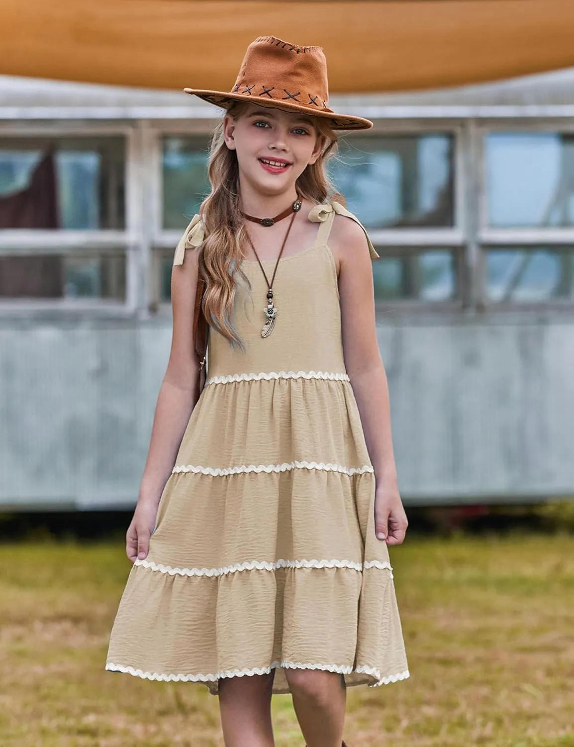Arshiner Girl's Sundresses Summer Boho Tie Shoulder Cami Midi Tiered Dresses with Pockets