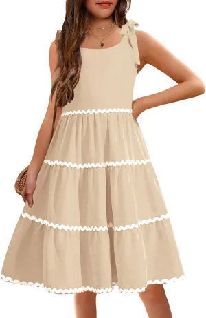 Arshiner Girl's Sundresses Summer Boho Tie Shoulder Cami Midi Tiered Dresses with Pockets