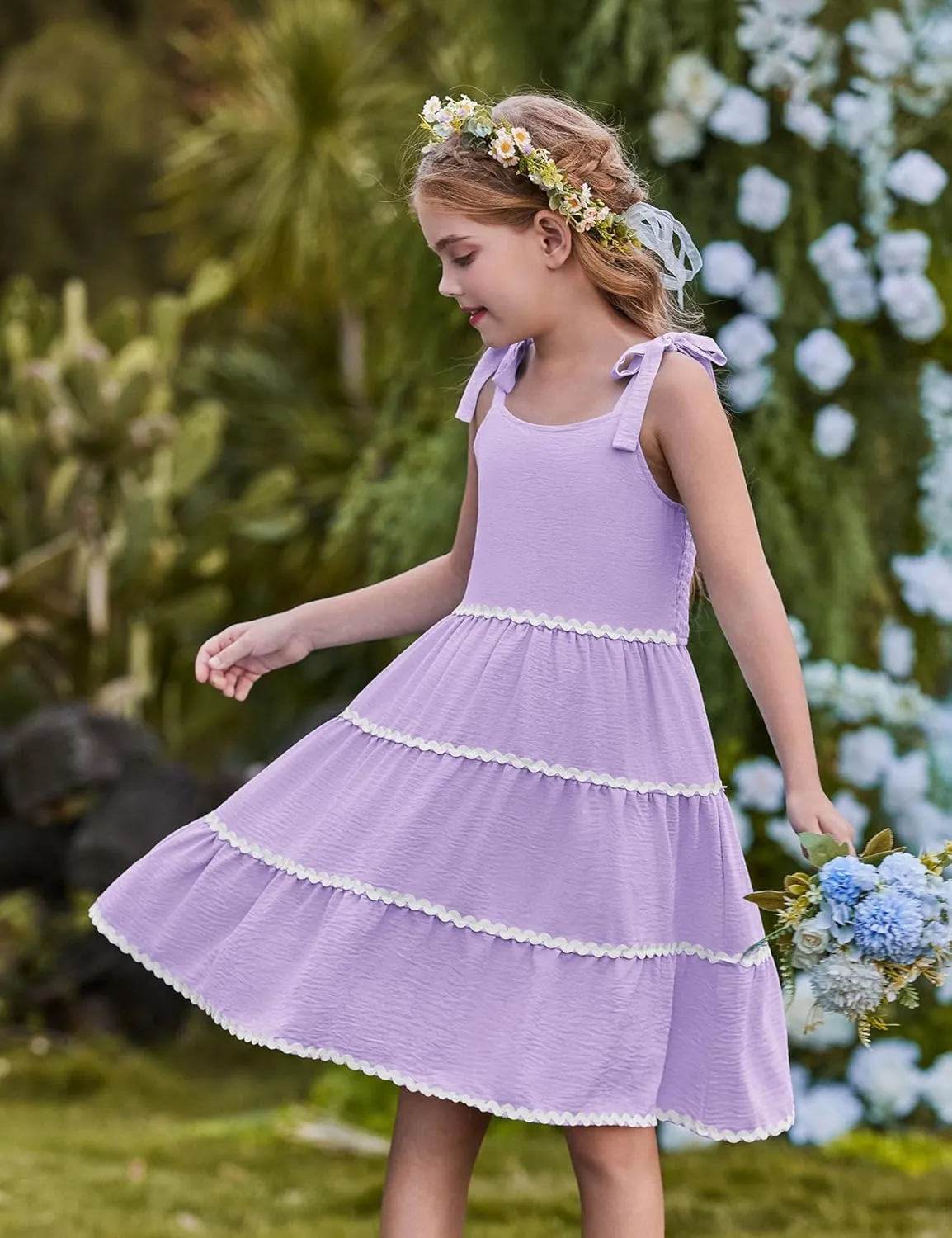 Arshiner Girl's Sundresses Summer Boho Tie Shoulder Cami Midi Tiered Dresses with Pockets