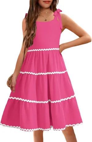 Arshiner Girl's Sundresses Summer Boho Tie Shoulder Cami Midi Tiered Dresses with Pockets