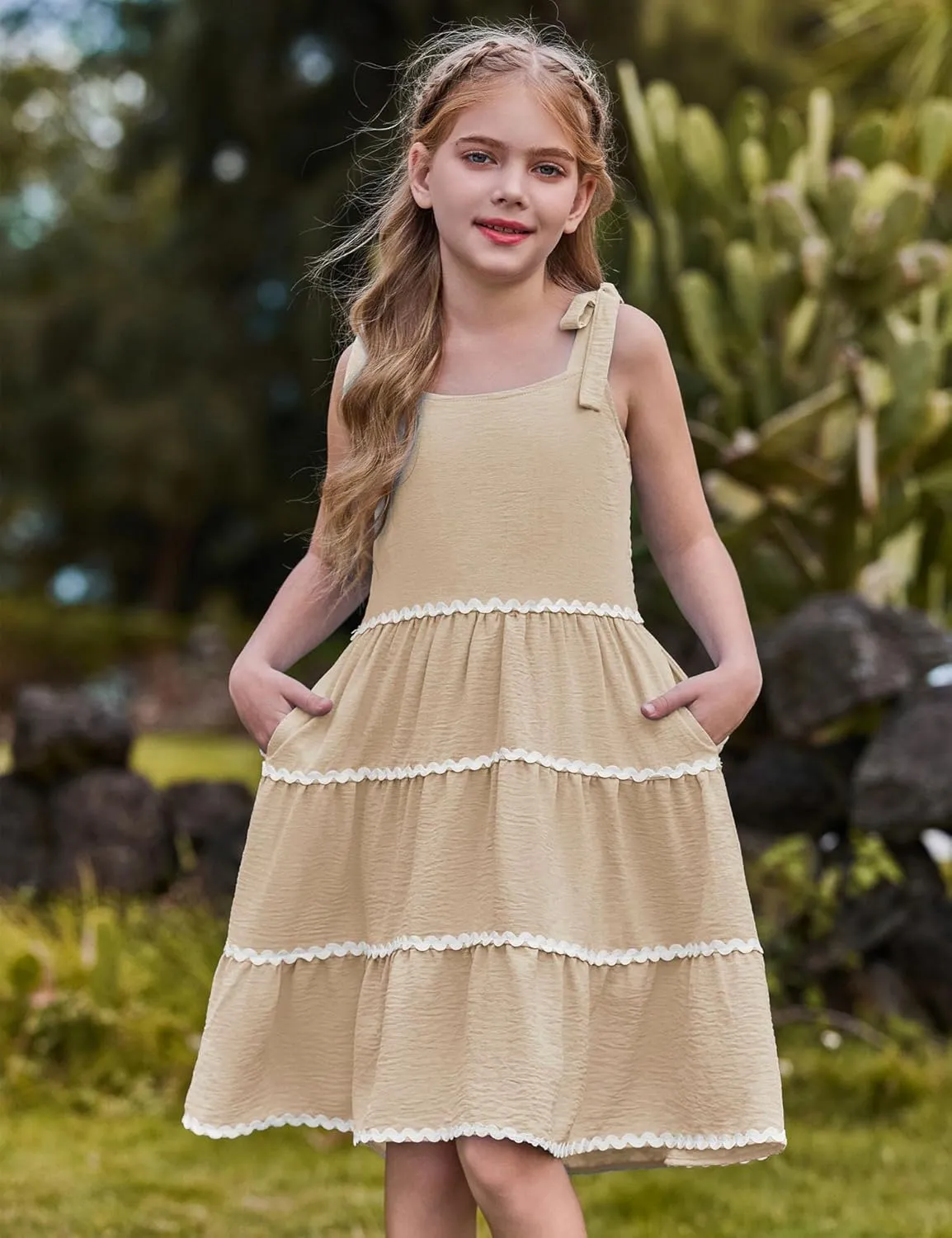 Arshiner Girl's Sundresses Summer Boho Tie Shoulder Cami Midi Tiered Dresses with Pockets