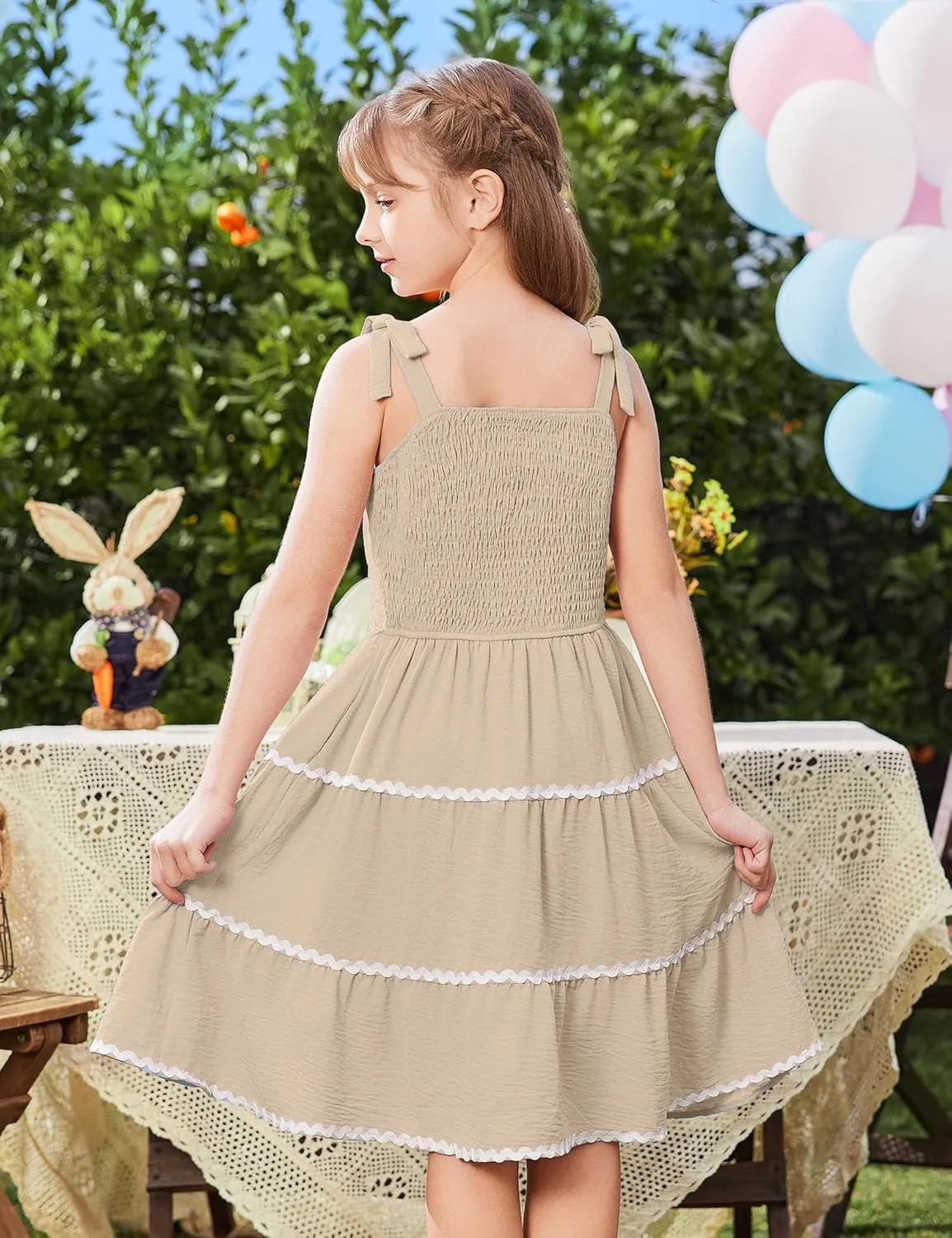 Arshiner Girl's Sundresses Summer Boho Tie Shoulder Cami Midi Tiered Dresses with Pockets