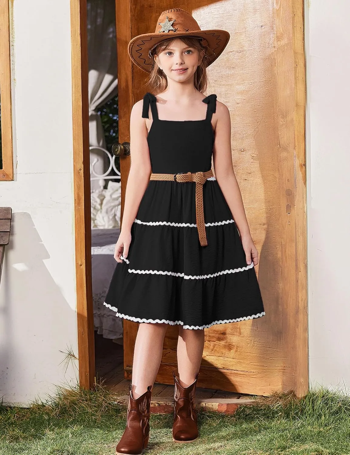 Arshiner Girl's Sundresses Summer Boho Tie Shoulder Cami Midi Tiered Dresses with Pockets