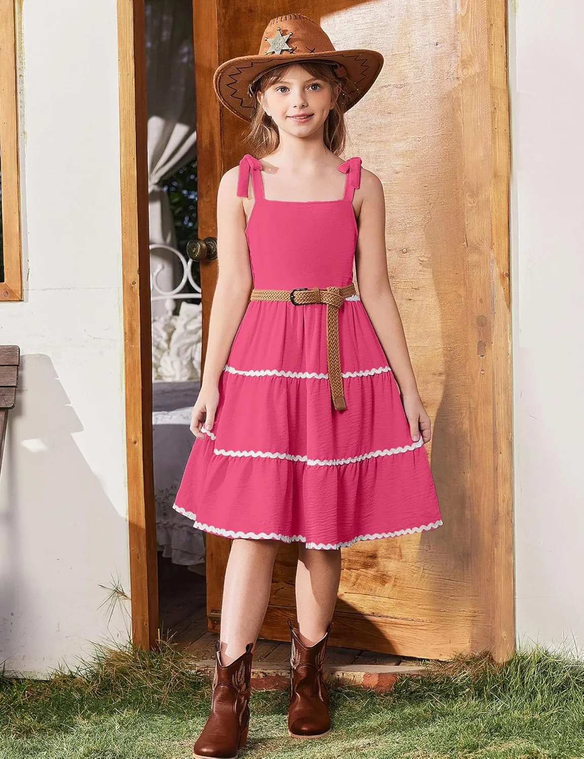 Arshiner Girl's Sundresses Summer Boho Tie Shoulder Cami Midi Tiered Dresses with Pockets