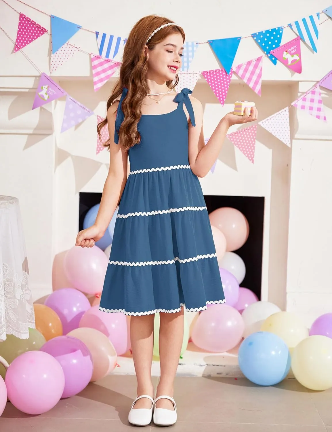 Arshiner Girl's Sundresses Summer Boho Tie Shoulder Cami Midi Tiered Dresses with Pockets