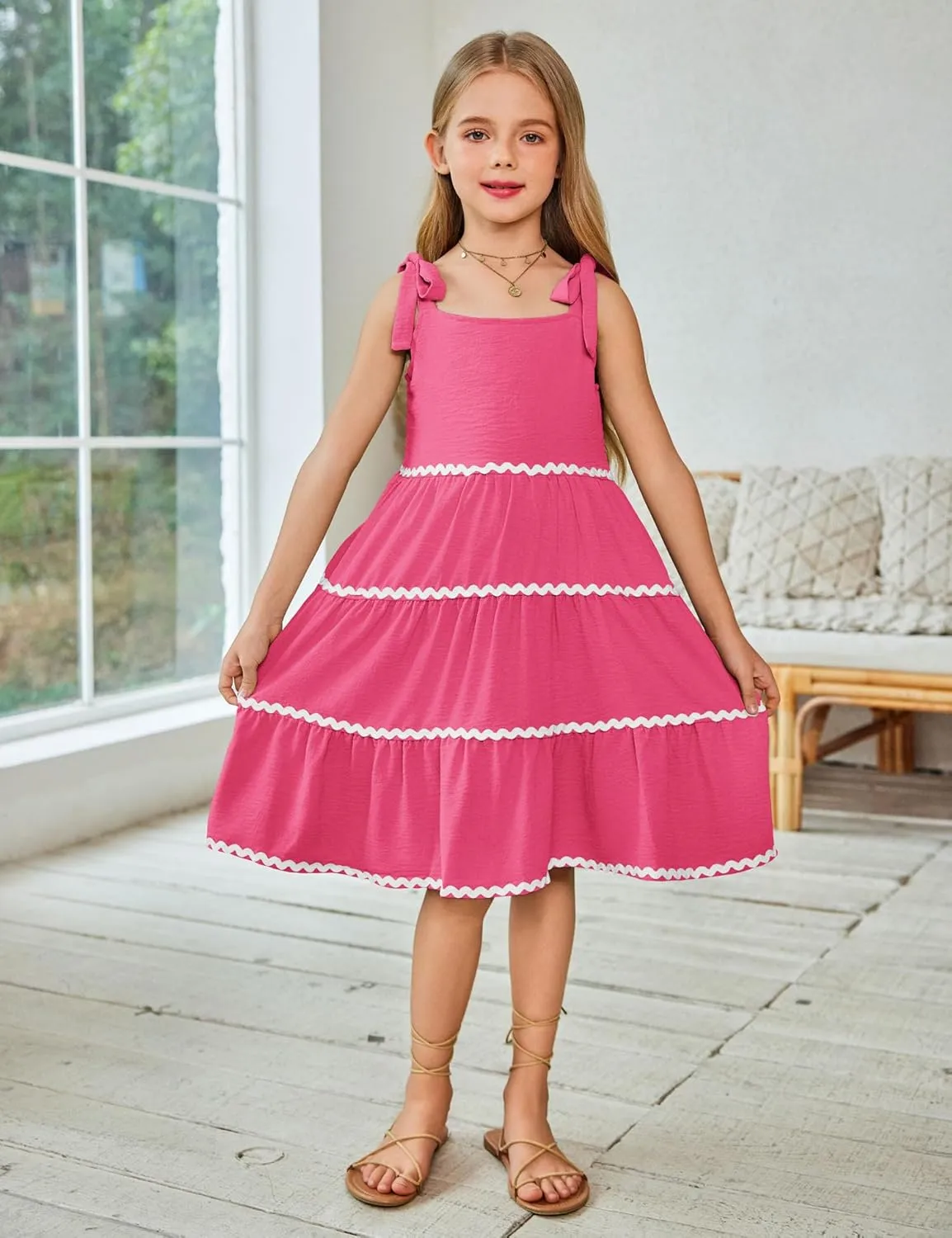 Arshiner Girl's Sundresses Summer Boho Tie Shoulder Cami Midi Tiered Dresses with Pockets