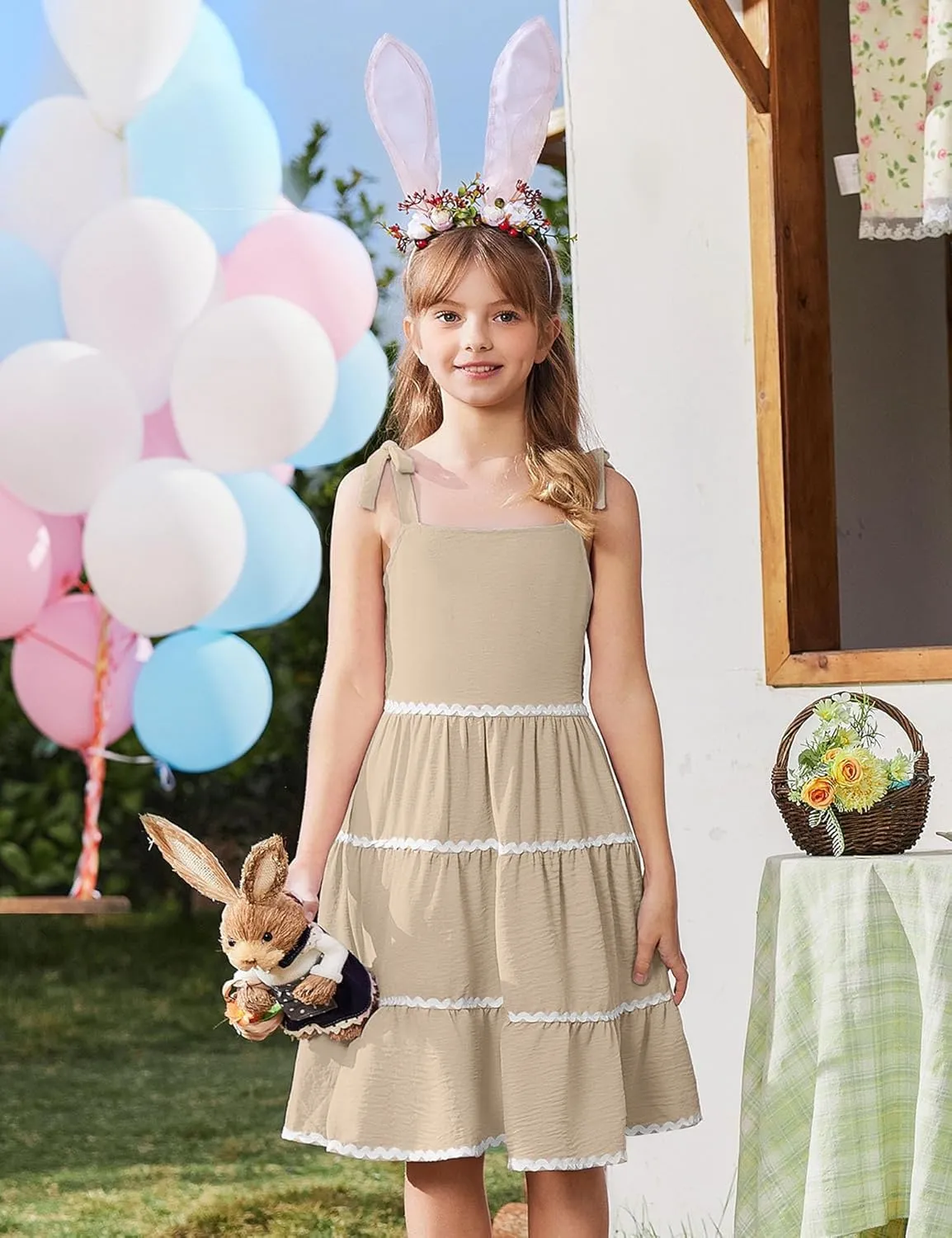 Arshiner Girl's Sundresses Summer Boho Tie Shoulder Cami Midi Tiered Dresses with Pockets