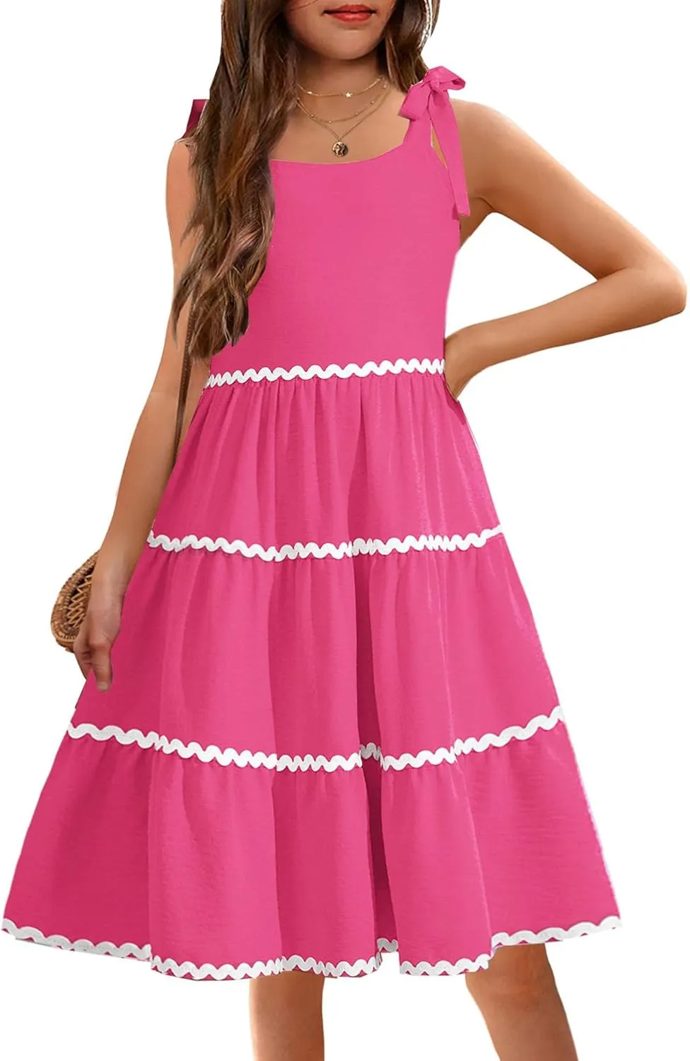 Arshiner Girl's Sundresses Summer Boho Tie Shoulder Cami Midi Tiered Dresses with Pockets