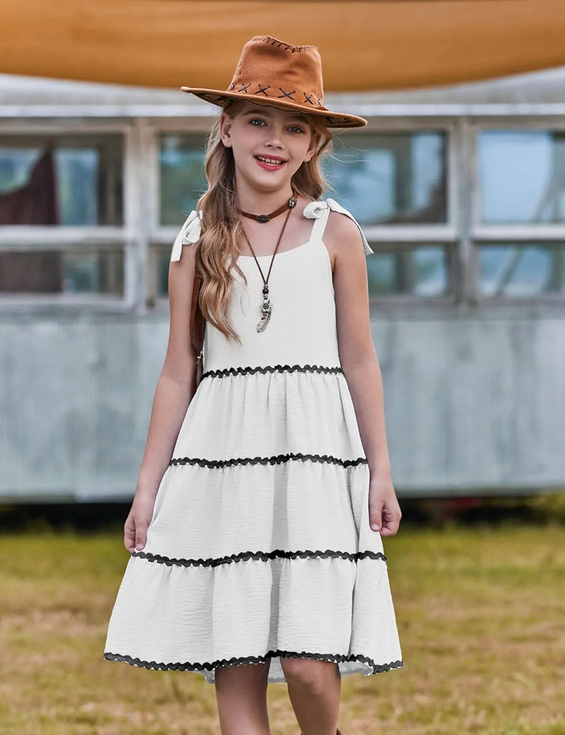 Arshiner Girl's Sundresses Summer Boho Tie Shoulder Cami Midi Tiered Dresses with Pockets
