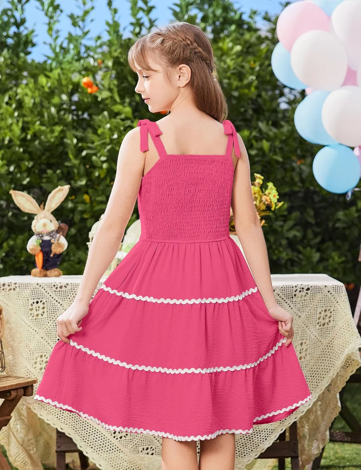 Arshiner Girl's Sundresses Summer Boho Tie Shoulder Cami Midi Tiered Dresses with Pockets